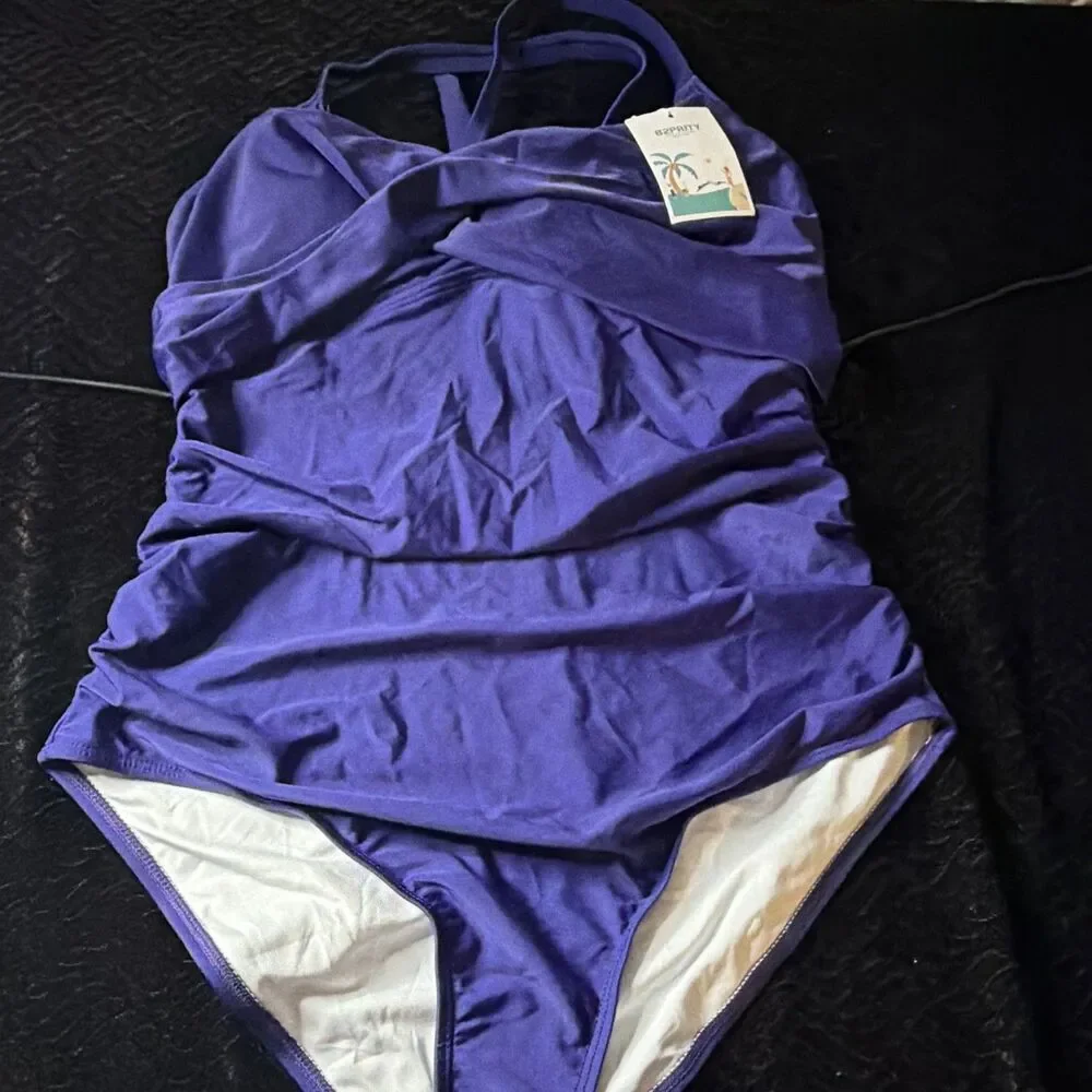 B2PRITY Women's Blue Solid Halter One Piece Swimsuit Adjustable Strap, L